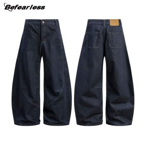 American retro raw denim scimitar jeans loose drape wide-leg pants sickle pants men's summer long pants