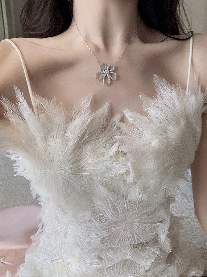 French white feather lace flower fairy dress suspender skirt hollow sexy waist chiffon dress first love skirt - Image 5