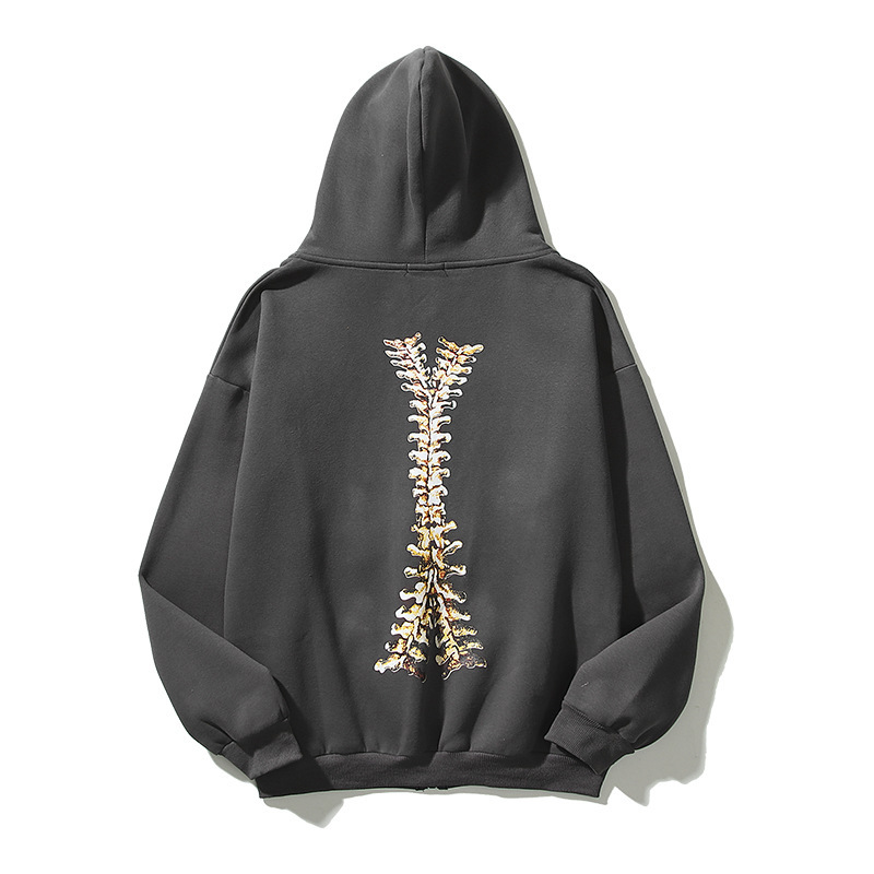 2022 European and American High Street Hip Hop Retro Skeleton Destroyed Printed Cardigan Jacket Couple Style Plus Velvet Loose Hoodie - Image 9