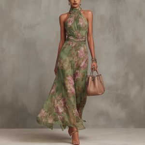 2026 European and American Women's Clothing: Pleated Bodycon Mesh Printed Irregular Slit Sexy Spaghetti Strap Long Dress