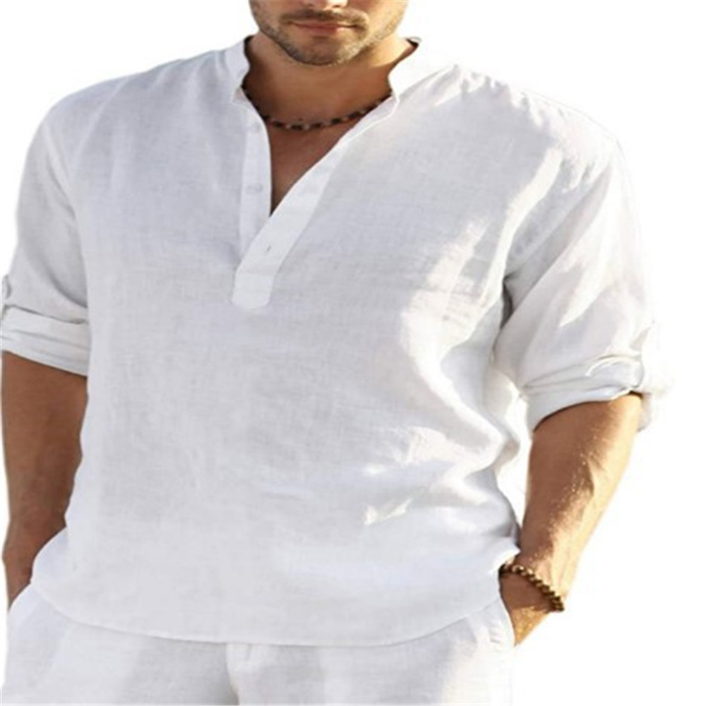 2023 Independent Station foreign trade men's casual cotton and linen solid color long-sleeved shirts loose stand-up collar shirts for men in stock - Image 18