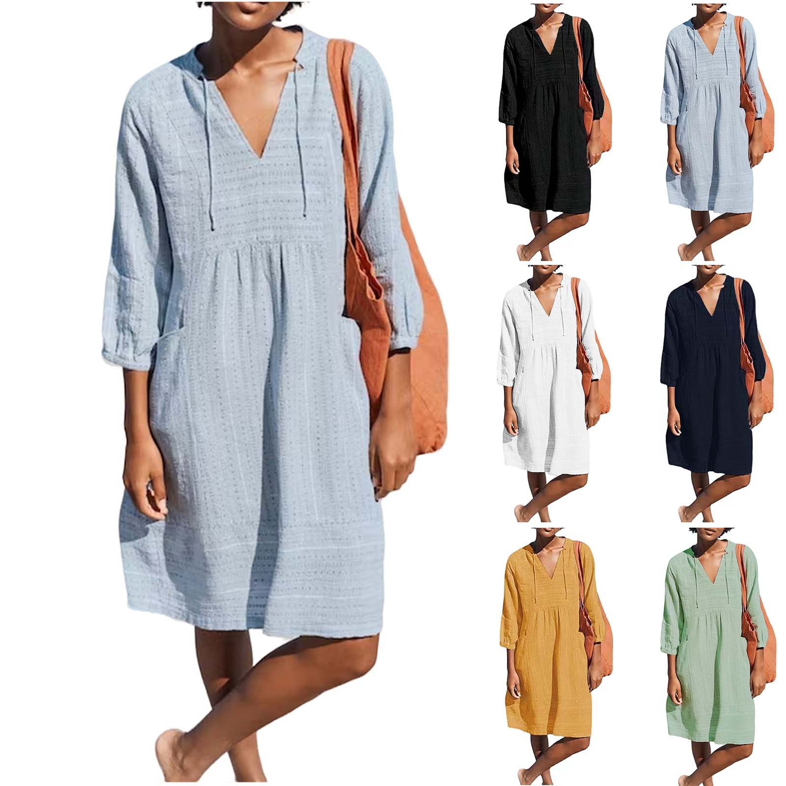 2023 Spring European and American New Jacquard Cotton and Linen Dress Amazon Hot Item V-neck Casual Loose Pocket Dress