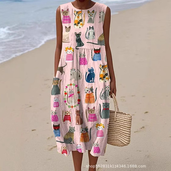 2025 European and American spring and summer new sleeveless casual printed temperament long dress slim small fresh casual dress - Image 3