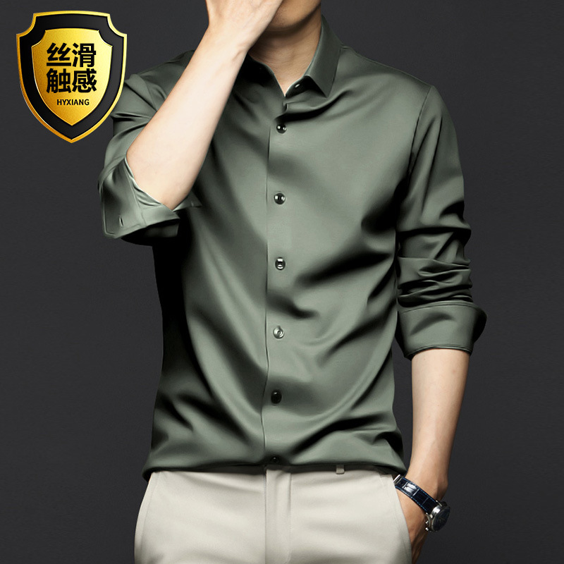 Spring and summer men's long-sleeved shirt anti-wrinkle and non-ironing professional formal wear trendy business high-end ice silk shirt black inch shirt - Image 10