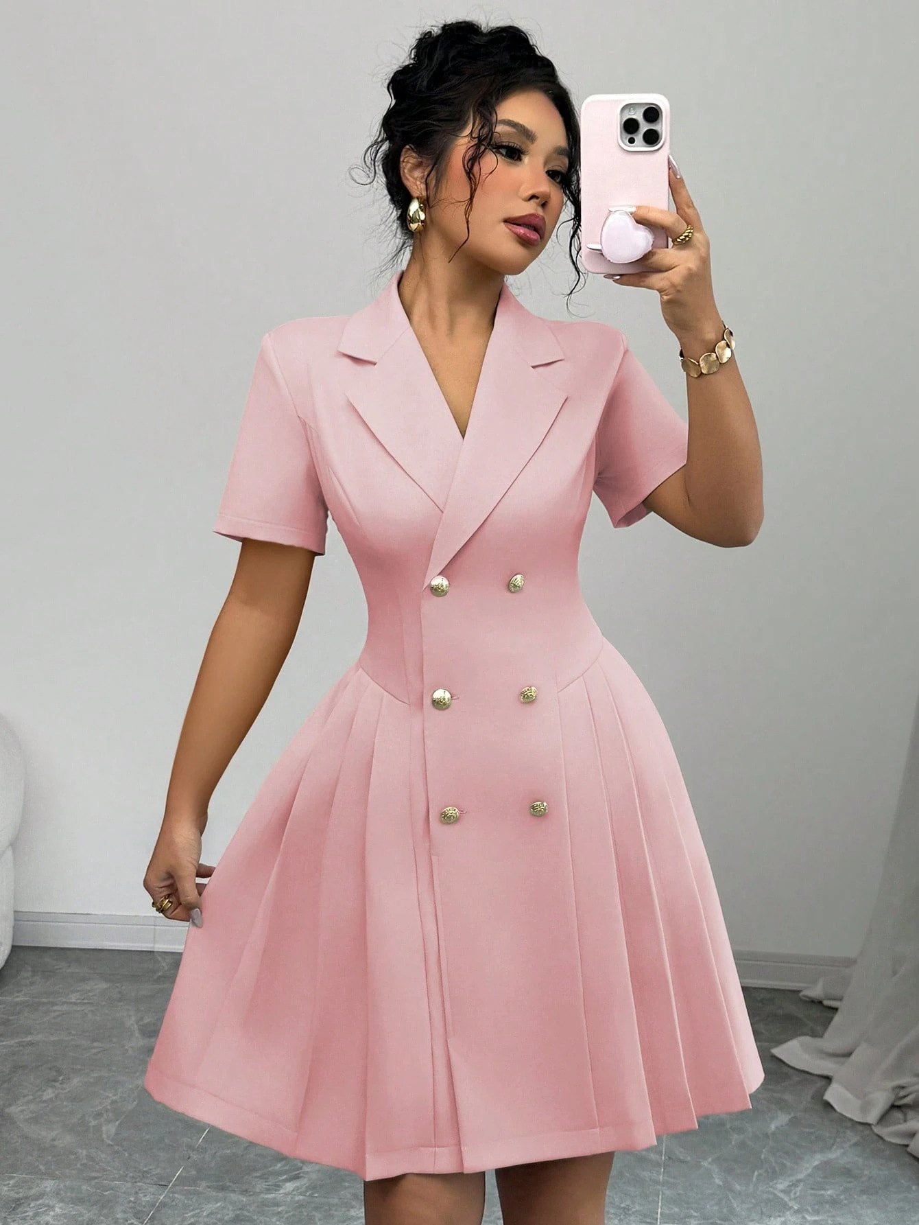 2025 Amazon AliExpress Summer New Solid Color Short-Sleeve Slim Waist Double-Breasted Dress for Women - Image 7