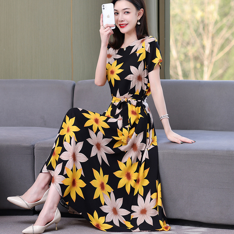 Artificial cotton silk dress women's clothing 2023 summer new middle-aged mother mid-length over-the-knee plus-size loose skirt - Image 2
