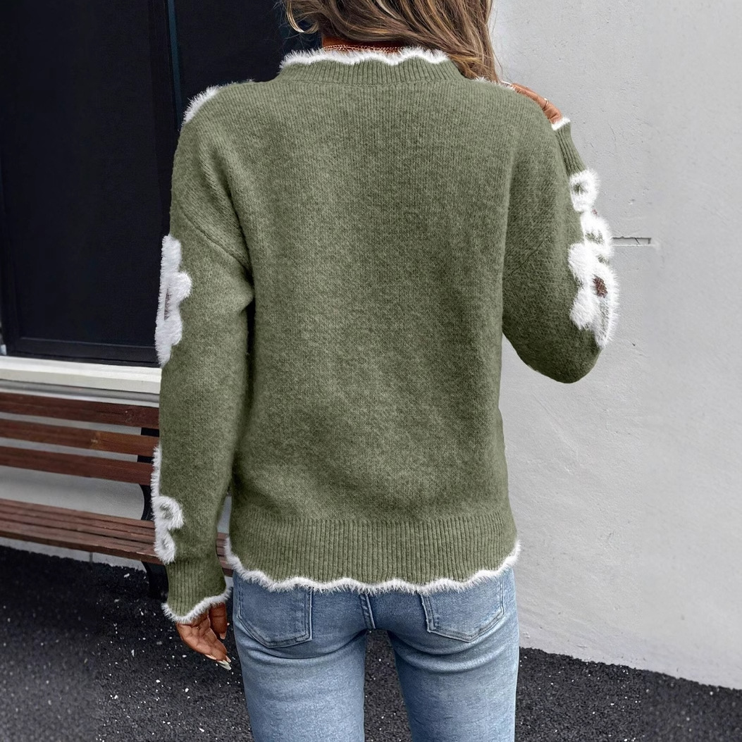 European and American cross-border women's sweater, popular style, elegant floral jacquard knit sweater, V-neck sweater - Image 2