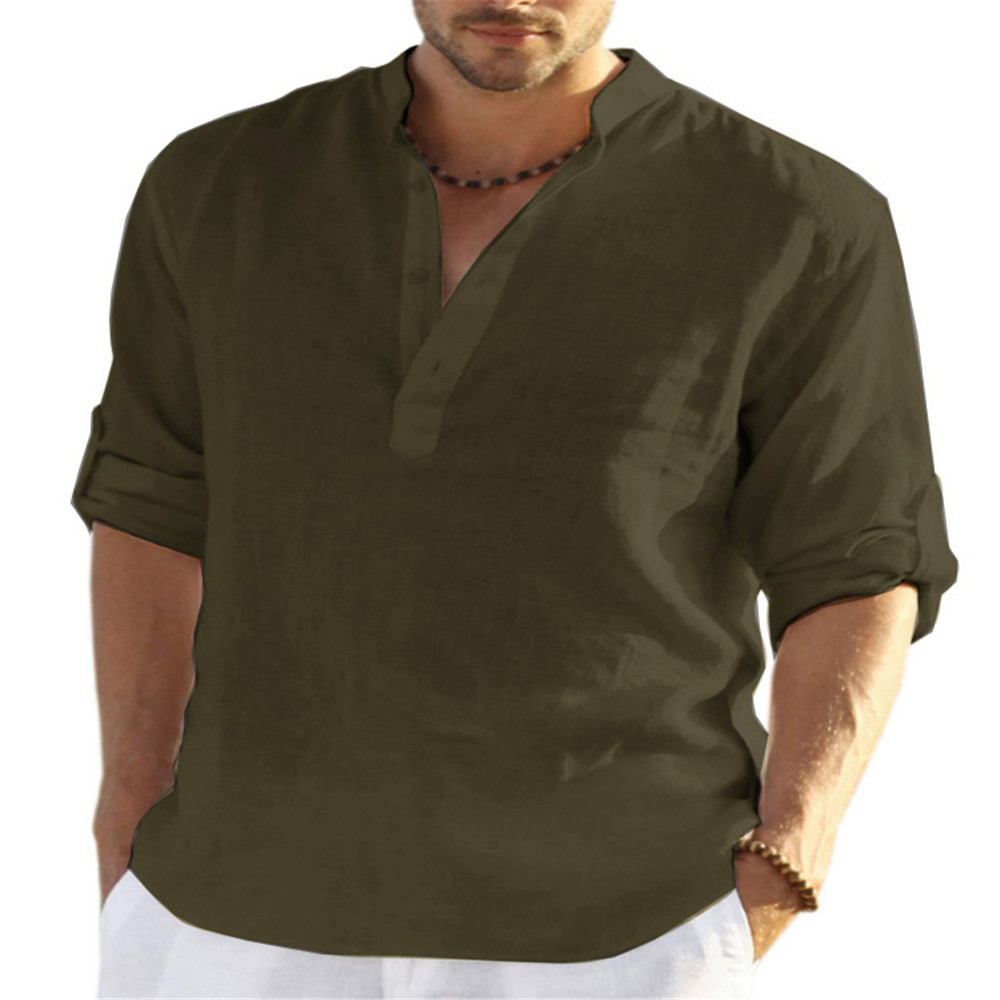 2023 Independent Station foreign trade men's casual cotton and linen solid color long-sleeved shirts loose stand-up collar shirts for men in stock - Image 14