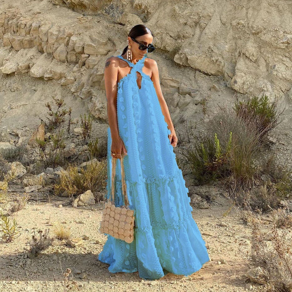 2023 Fashion Halter Three-dimensional Flower Floor-Mopping Cake Dress Cross-border Supply European and American Foreign Trade Lace Long Dress - Image 6