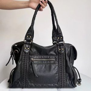 French retro motorcycle bag shoulder messenger bag tote bag large bag women's large capacity bag washed bag soft leather bag European