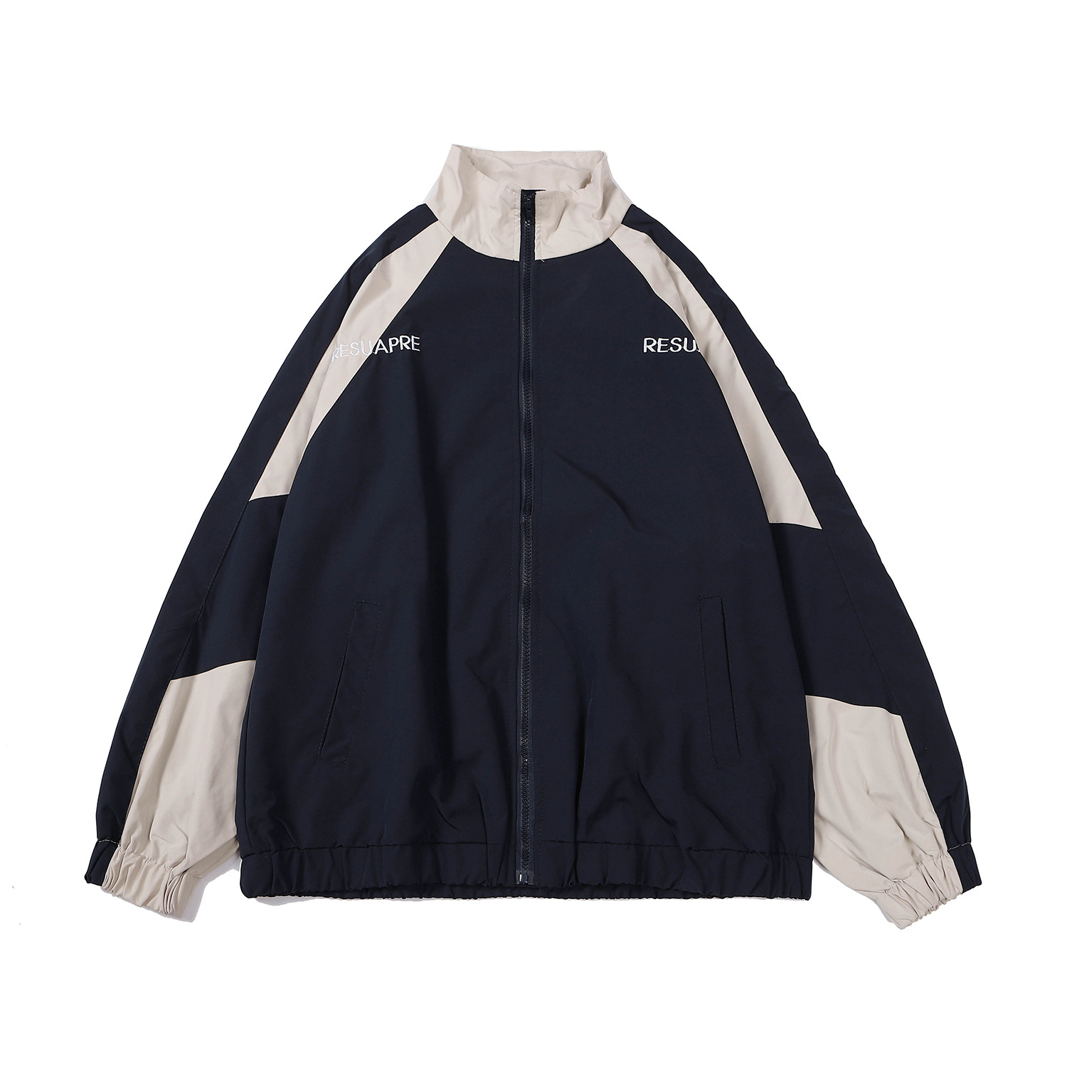 2022 autumn and winter Japanese retro color contrast stitching stand collar jacket men's trendy brand loose college style casual jacket for couples - Image 5
