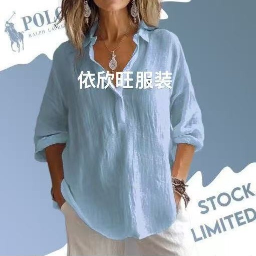 2025 Spring/Summer European and American Style Solid Color Casual Loose Long-Sleeved Linen V-Neck Shirt, Amazon Shirt for Women - Image 12