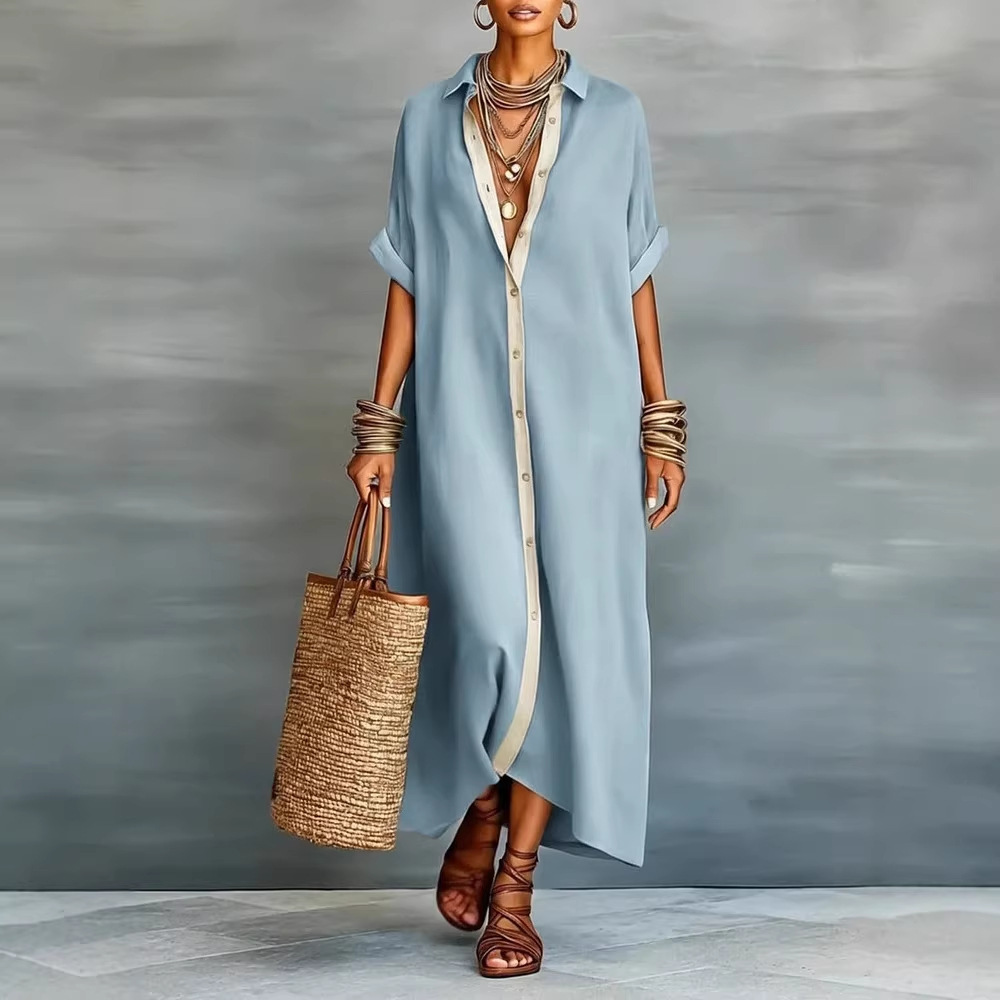 2026 European and American Spring New Arrival Amazon Spring Cross-border Women's Color Block Cotton Linen Shirt Dress - Image 4