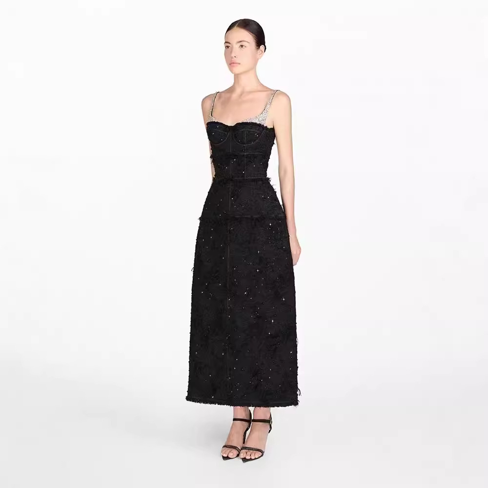 Spot temperament bow edge suspender long skirt celebrity slim waist black dress 40223 - Image 2