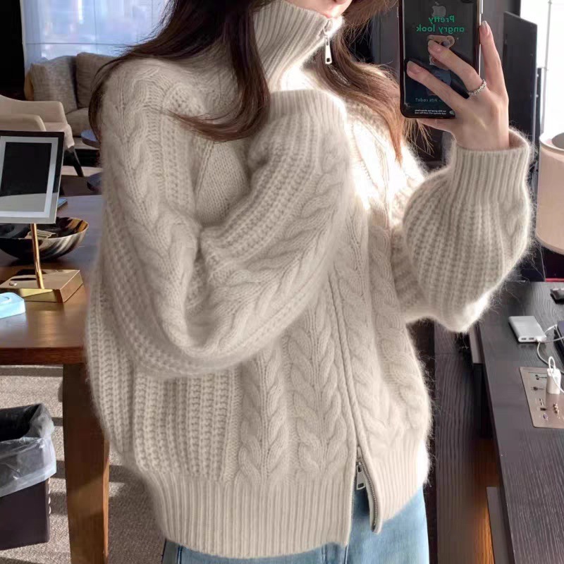Autumn/Winter Zipper Cardigan Knit Thick Twisted Knit Loose Stand Collar Sweater 100% Wool Cardigan Coat - Image 9