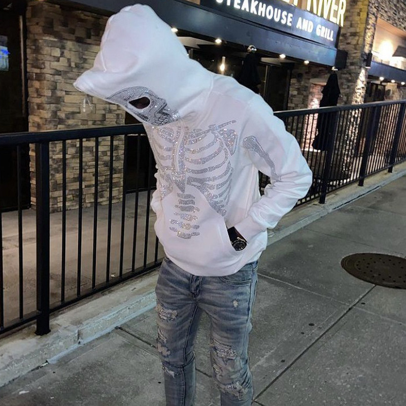 European and American Amazon cross-border wholesale hot bead skull hoodie graphic white oversized hoodie long-sleeved top - Image 3