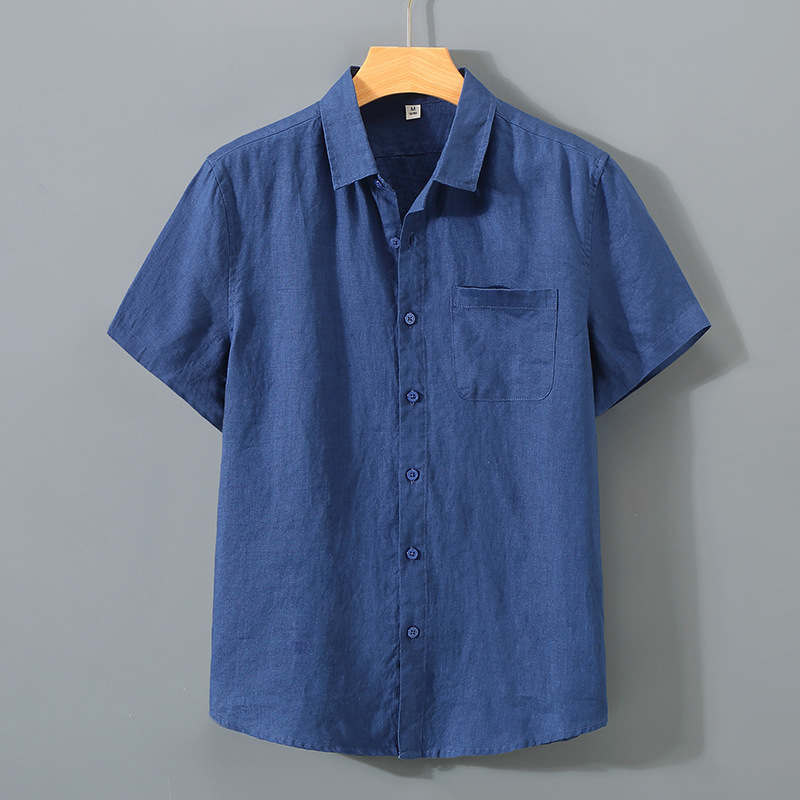 Summer linen short-sleeved shirt for middle-aged men's business casual pure linen pocket shirt loose cardigan half-sleeved linen clothing - Image 27