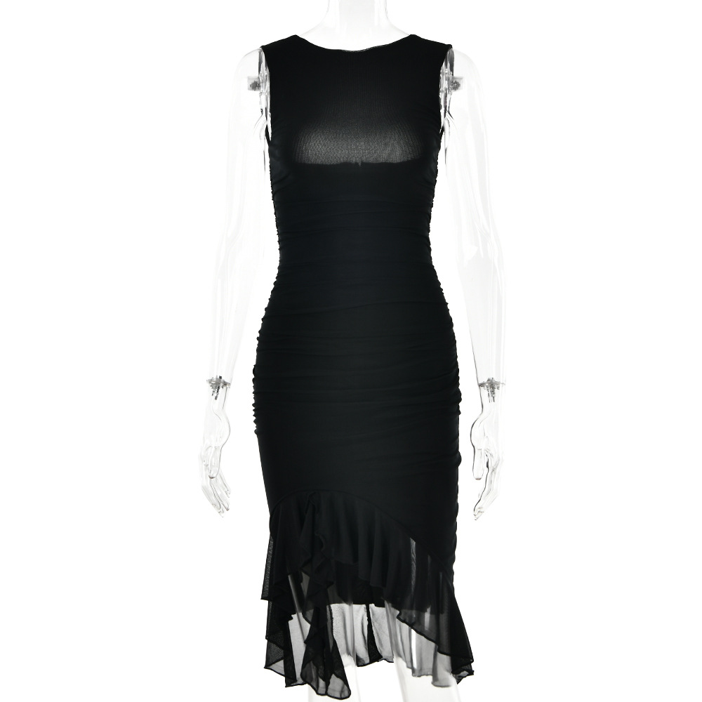 European and American cross-border 2023 new fashion mesh tight backless irregular pleated dress summer women's wholesale - Image 10