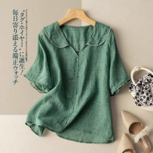 Short-sleeved sailor collar ramie top, literary and retro cotton-linen blouse, Peter Pan collar, loose fit, slimming and lightweight, summer 2026.