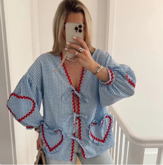 GY25071 Fashion contrast color plaid lantern sleeve top - Image 9