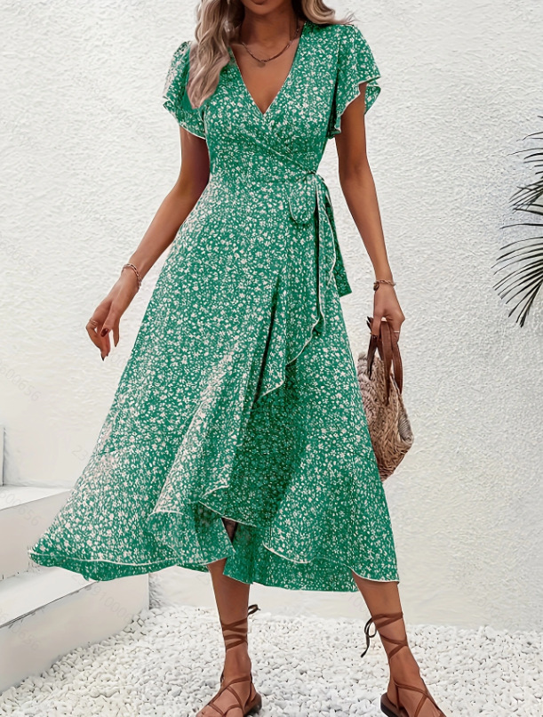 Independent Amazon cross-border e-commerce platform, floral print V-neck cardigan with tie-up short sleeves, bohemian style, full skirt, vacation dress - Image 6