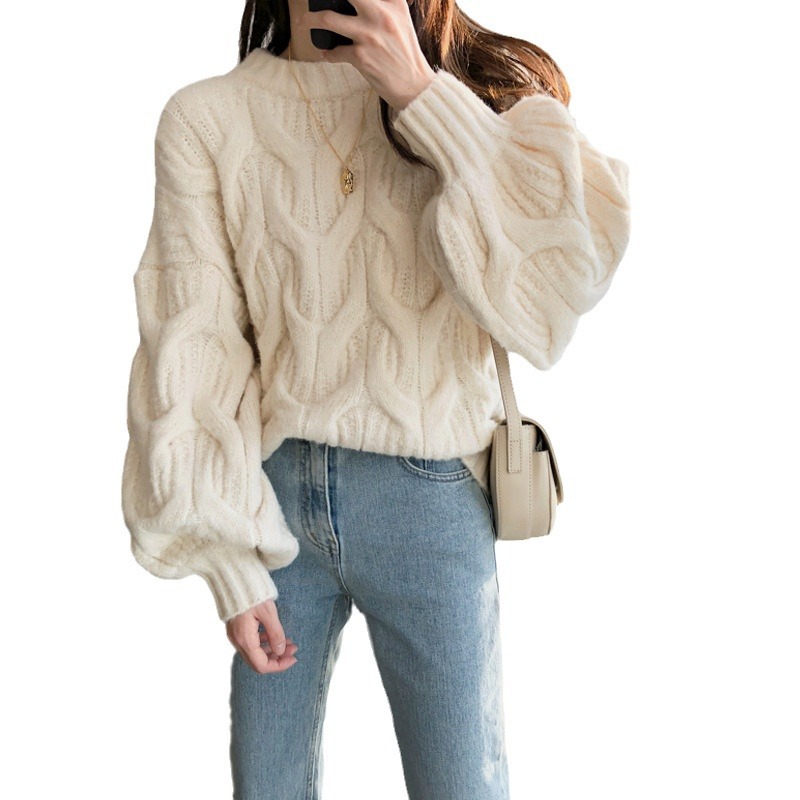 Lantern puff sleeve round neck cable knit pullover sweater for women, autumn and winter, lazy style, Korean style, loose and thick cable knit sweater - Image 5