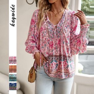 Women's Bohemian Printed Tie-Waist Top