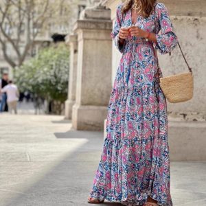 2024 New Women's Cross-Border Trade Dress - Printed Short-Sleeved Waist-cinching Tie-Waist Long Dress