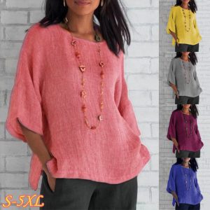 2026 Wish, EABI, Amazon New Arrival Women's Three-Quarter Sleeve Round Neck Cotton Linen Shirt Top - In Stock
