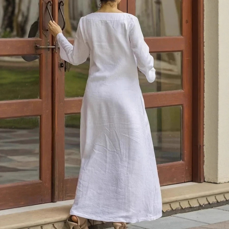 European and American cross-border trade women's clothing, elegant, simple, solid color, loose casual V-neck straight dress, midi skirt - Image 2