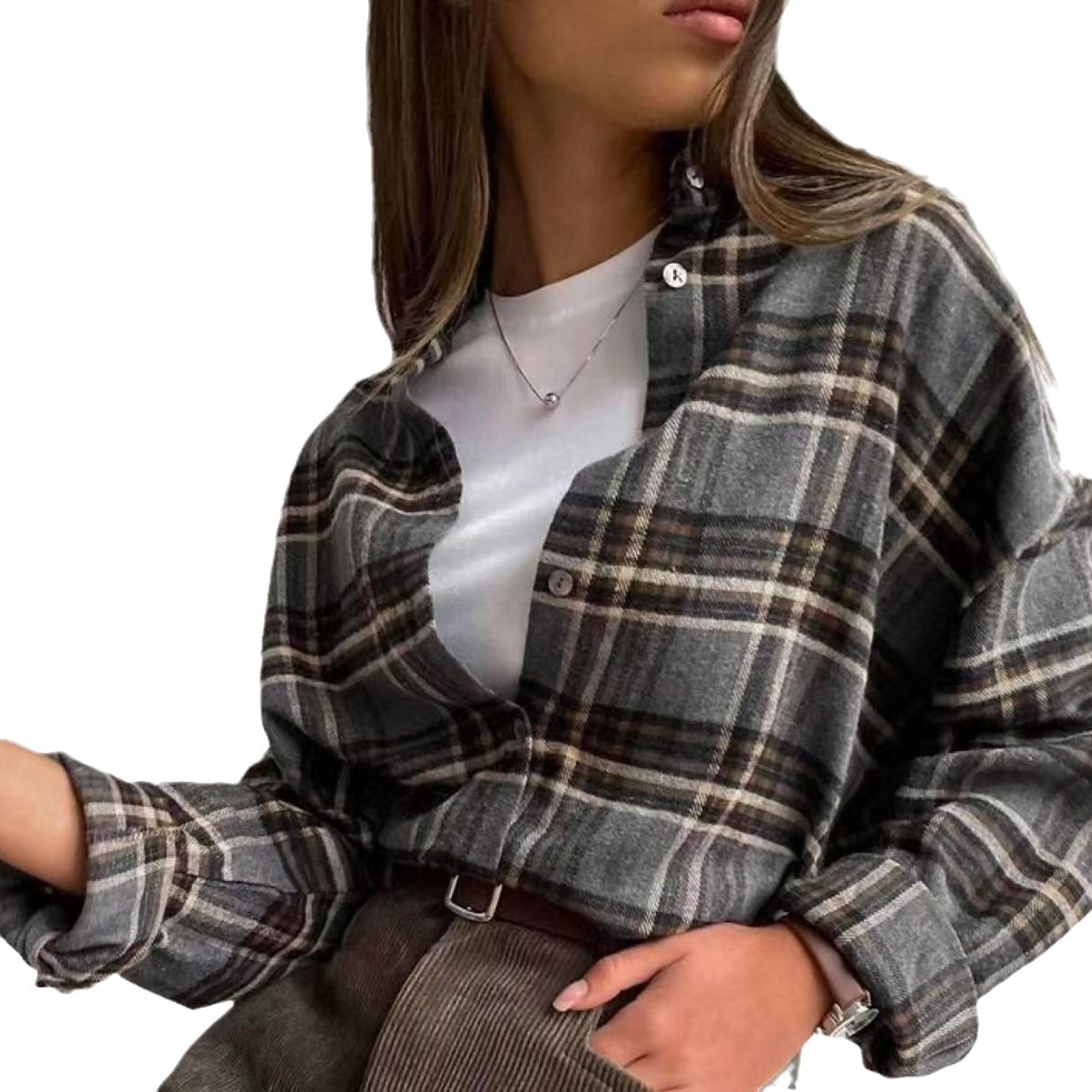 Amazon 2025 Spring and Autumn Cross-border Retro All-match Lapel Loose Shirt #Plaid Long Sleeve Pocket Women's Shirt - Image 4