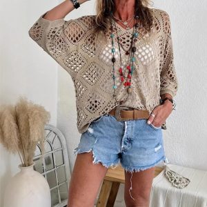 Cross-border e-commerce, Europe and America, Amazon Spring/Summer V-neck diamond-patterned openwork batwing sleeve women's sweater cover-up knitwear