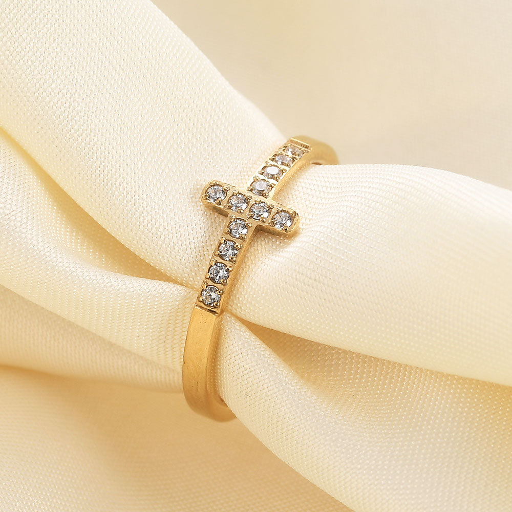 European and American cross-border minimalist and unique 7MM stainless steel titanium steel diamond-encrusted cross ring, elegant and versatile, best-selling jewelry. - Image 4