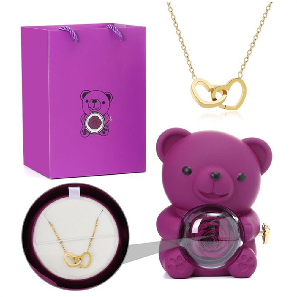 Engraved double heart rotating bear rose jewelry box, cuddly bear preserved flower gift box, rose necklace gift box - Image 12