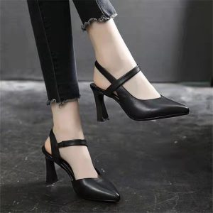 34--42 soft leather high heels women's 2023 summer new pointed toe Baotou all-match chunky heel one word belt mother sandals