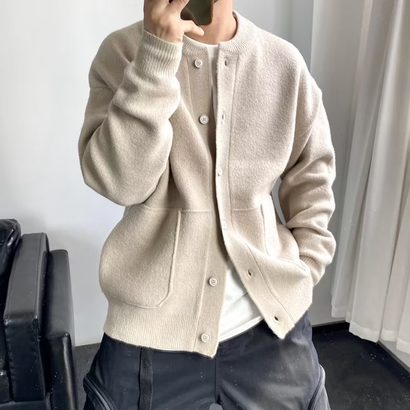 New men's knitted cardigan for autumn and winter, trendy brand, solid color, simple and stylish, thick and designed, youthful sweater coat. - Image 2