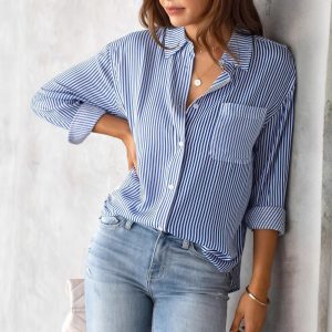 European and American export women's clothing 2025 spring Amazon striped cardigan top loose casual long-sleeved shirt women's fashion