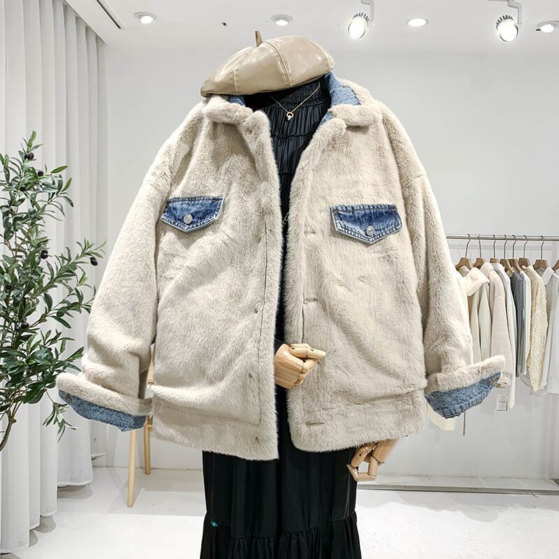 2023 Winter Fleece-lined Thickening Denim Jacket Women's Korean-Style Loose Lambswool Casual All-Matching Reversible Cotton-Padded Coat Fashion - Image 2
