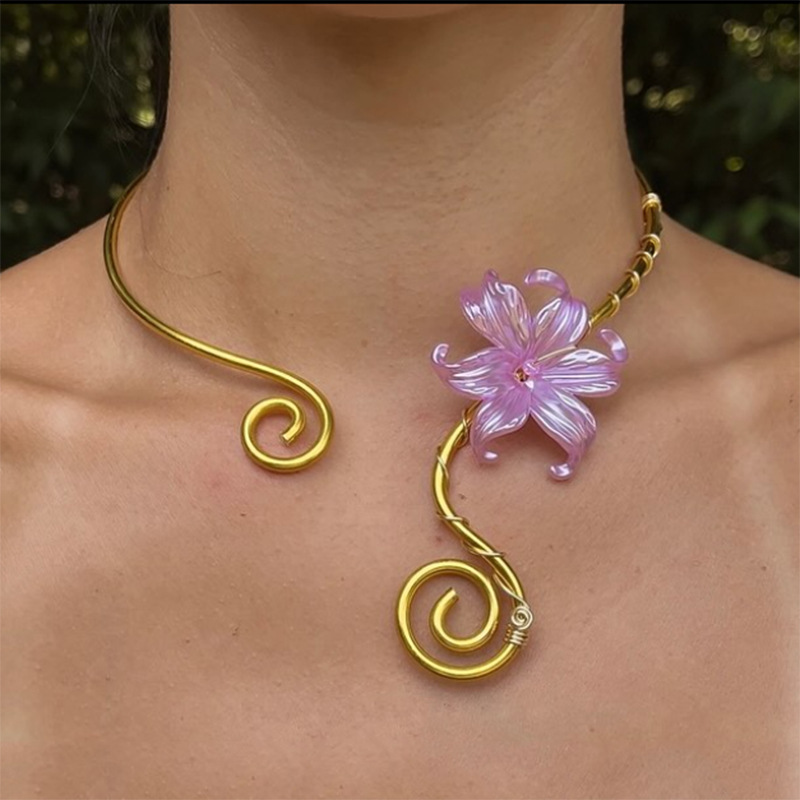 New European and American style iridescent iris flower jewelry choker with spiral adjustable cord, available on Amazon. - Image 2
