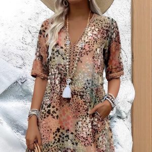 2025 European and American Fashion Cross-border New Casual Vacation Long Dress with Pockets and Lace Trim V-neck Short Sleeve Dress for Women