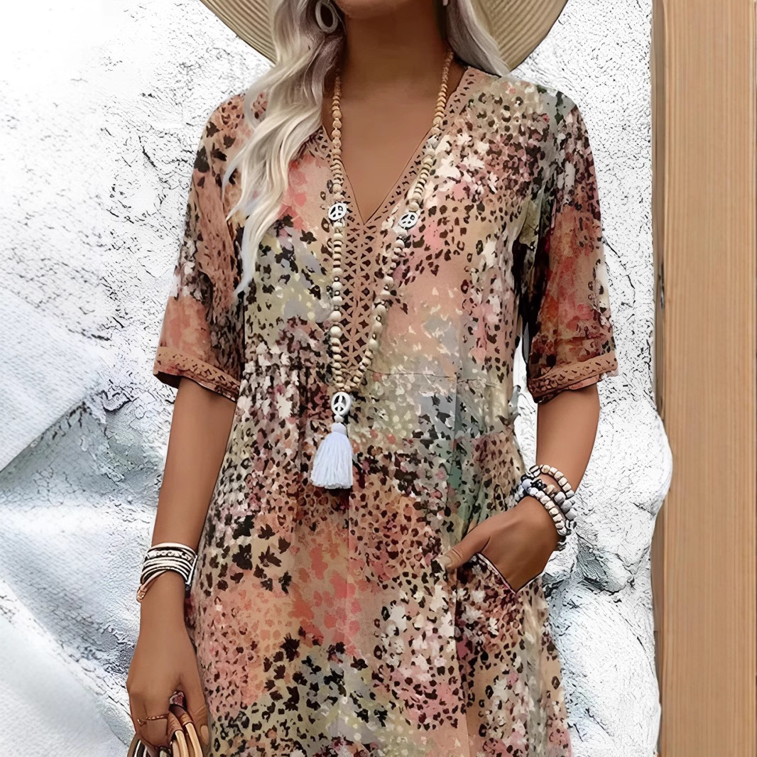 2025 European and American Fashion Cross-border New Casual Vacation Long Dress with Pockets and Lace Trim V-neck Short Sleeve Dress for Women