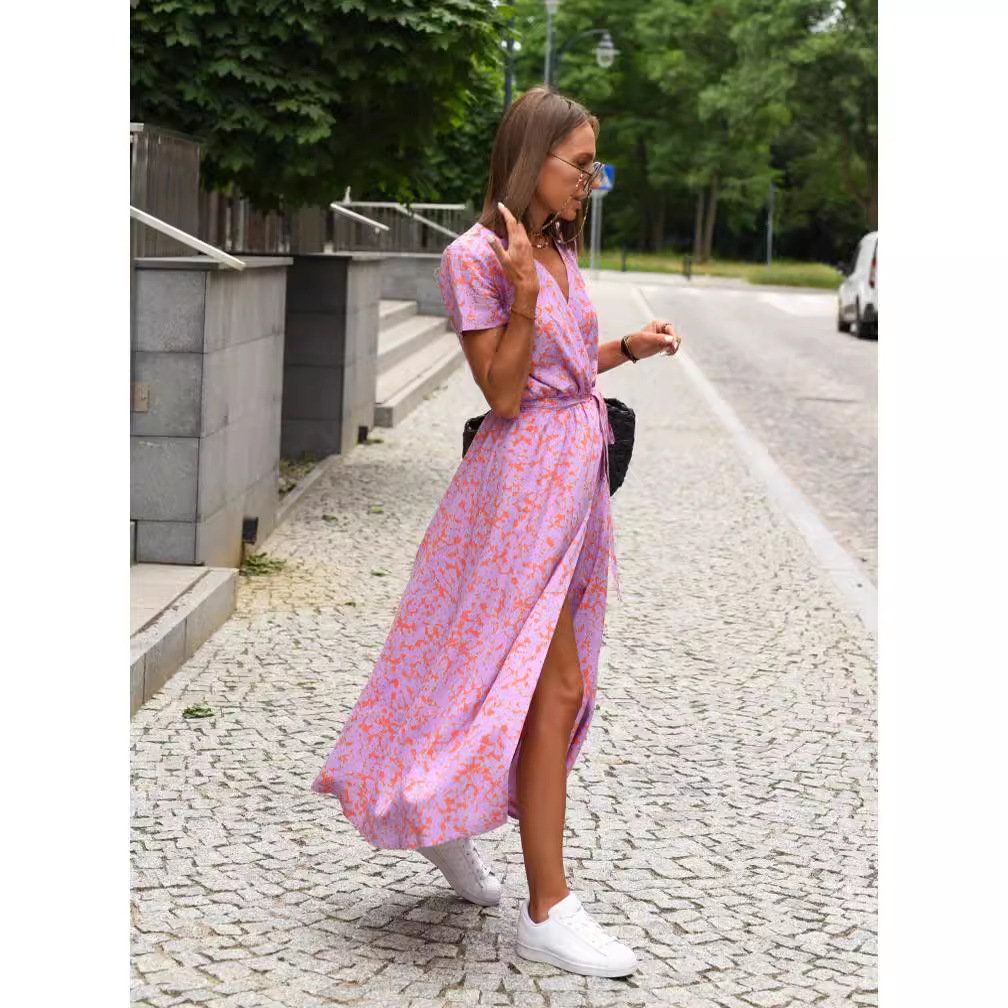 Amazon hot sale new summer European and American printed V-neck short-sleeved lace-up adjustable waist slit long skirt dress - Image 3