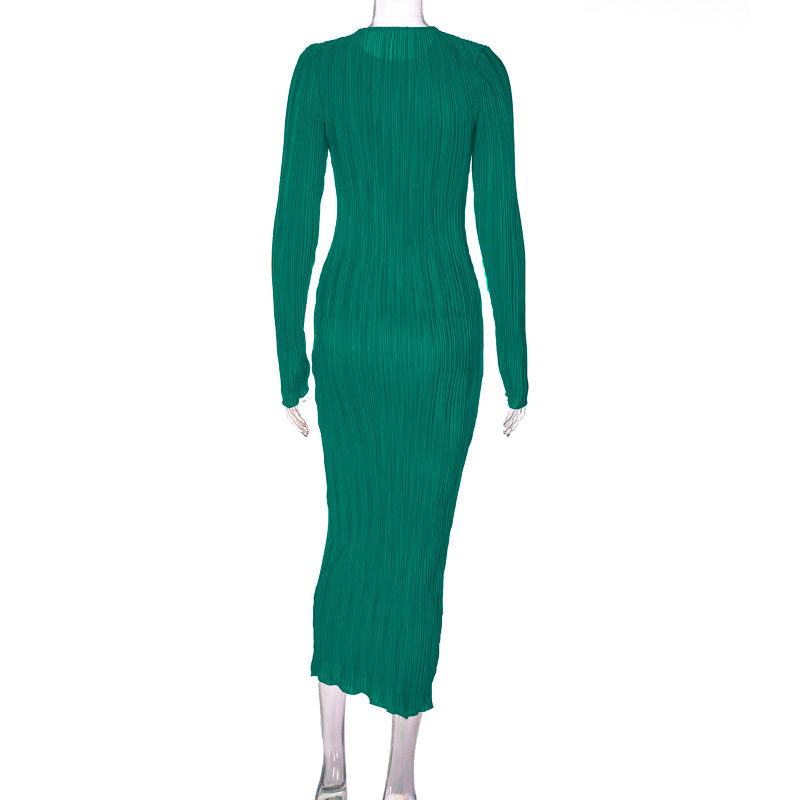 European and American style women's clothing 2022 autumn new fashion casual solid color round neck long-sleeved slim dress foreign trade wholesale - Image 3