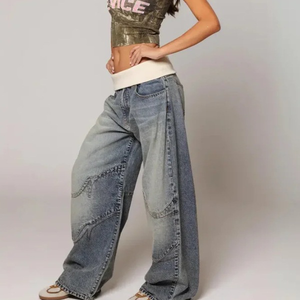 American retro street style washed distressed blue jeans, unisex straight leg loose fit, casual design. - Image 2
