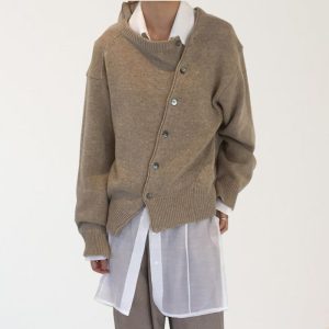 New Spring Korean Style Diagonal Button Irregular Design Lazy Style Sweater Cardigan Round Neck Knitted Coat for Women Wholesale
