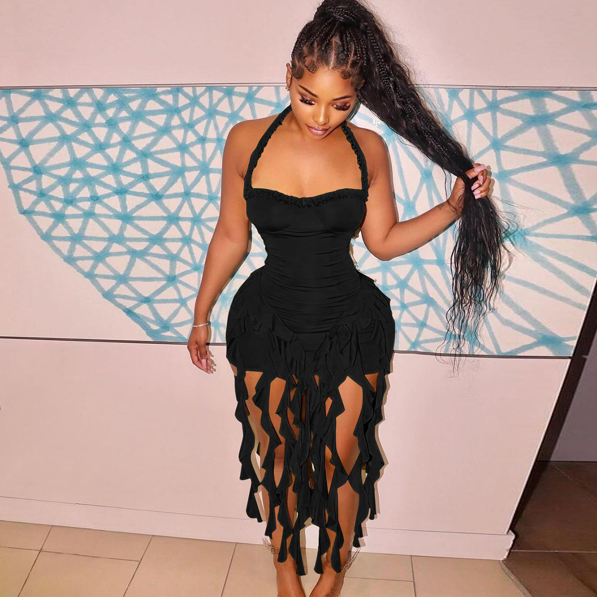 European and American style women's clothing 2025 summer new sexy backless halter neck sleeveless hip-hugging tassel irregular dress wholesale - Image 9