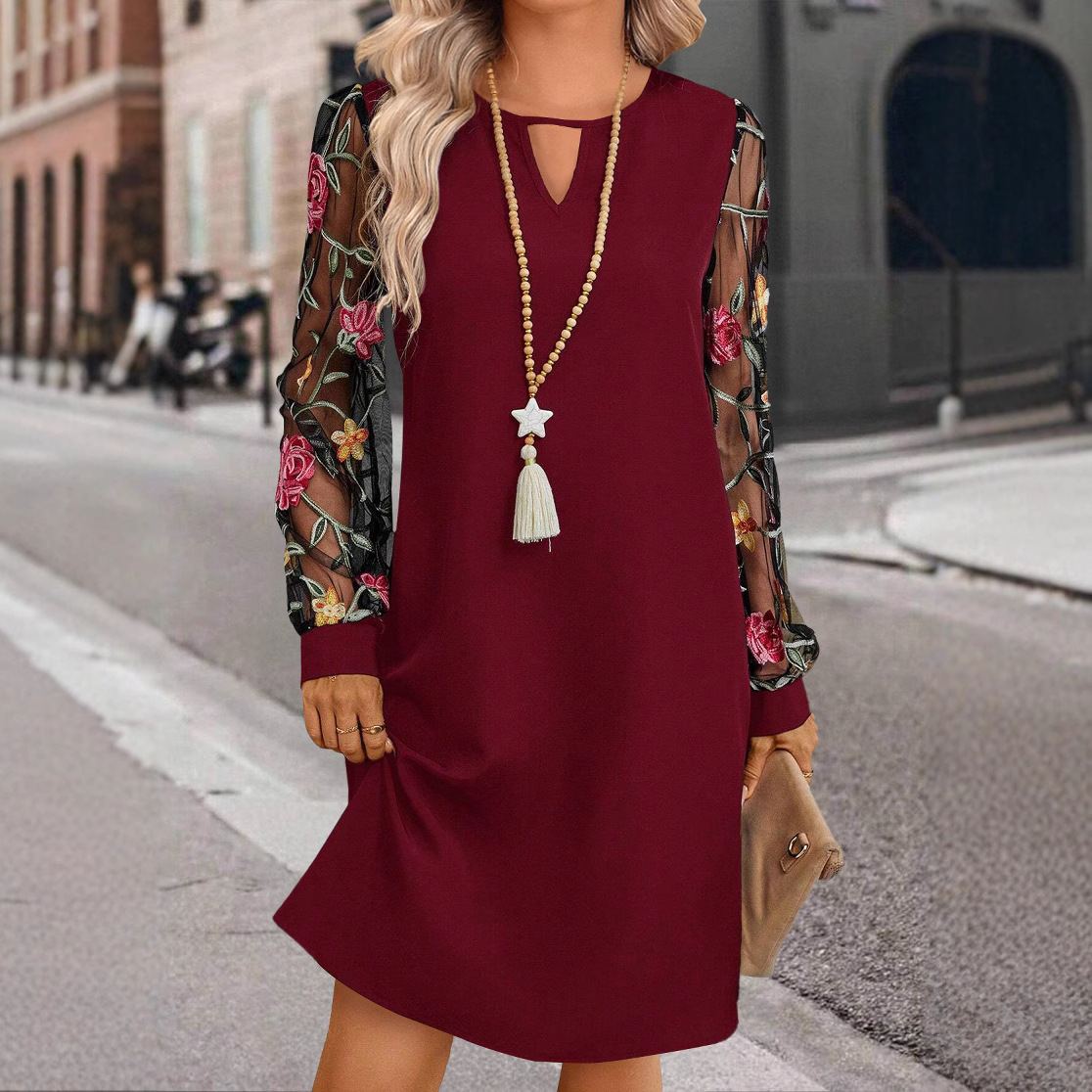 European and American export women's clothing AliExpress 2024 Spring/Summer new round neck lace long sleeve dress - Image 3