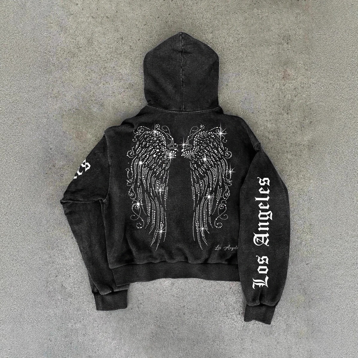 New American-style trendy angel wings rhinestone print loose fit zip-up hooded sweatshirt for men and women