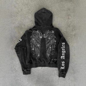 New American-style trendy angel wings rhinestone print loose fit zip-up hooded sweatshirt for men and women