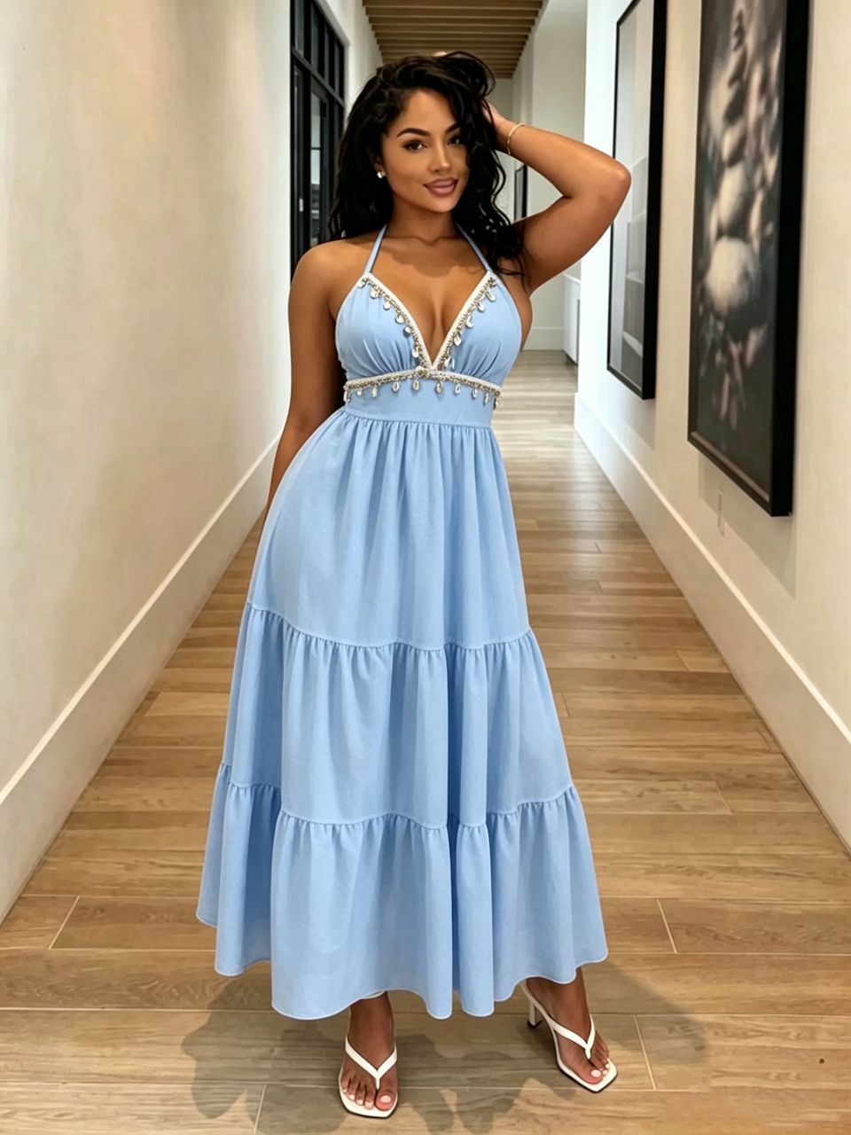 European and American style new cross-border resort-style V-neck halter neck tie dress with shell tassels, solid color fashionable long dress - Image 8